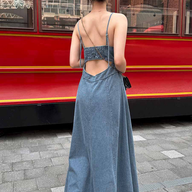 프레시 백리스 끈나시 맥시 플레어 데님 원피스