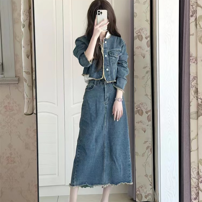 지고다그 여성 간절기 데님 자켓 스커트 세트업 캐주얼 투피스 허리밴딩 롱스커트 하이웨스트 청치마 정장핏 WY73862