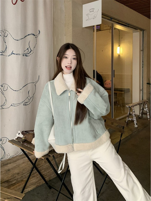 韓系翻領短款羊羔毛外套女款冬季皮毛一體夾克上衣