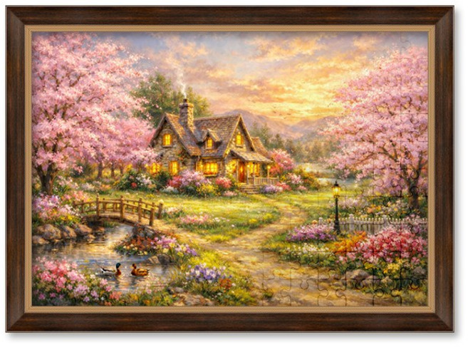 퍼즐사랑 포근한 노을빛 저녁 노을의 온기 직소퍼즐 액자세트 1000피스 벚꽃 정원주택, 1개, 모던 앤틱