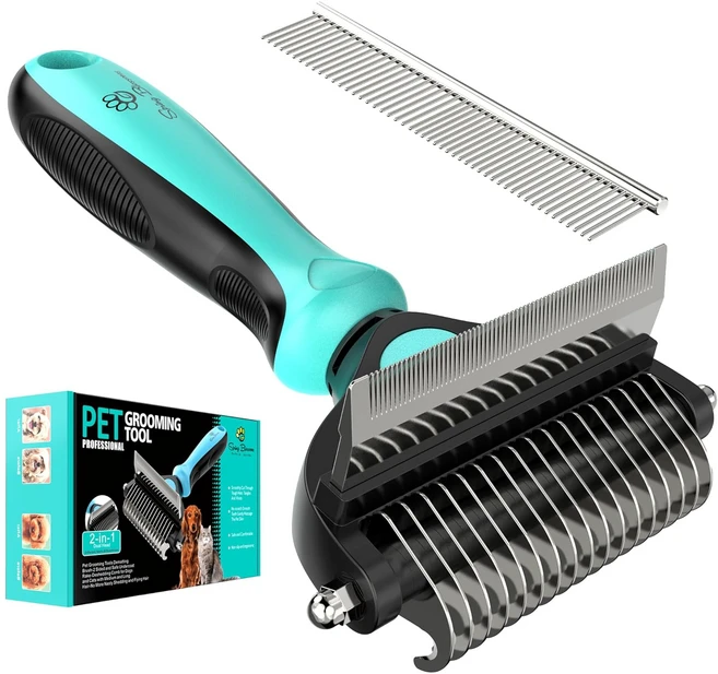 Spring Blossoms-봄꽃 2 in 1 고양이 & 강아지용 전문 미용 브러시 - 엉킨 털 털뭉치 제거 애완동물용 안전 브러시 탈모와 성가신 털 날림 문제 해결, 1세트, 청록 - 쿠팡