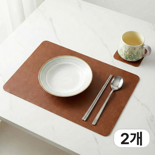 앤아일즈 고급 소가죽 무늬 가죽 테이블 식탁 매트 + 코스터 세트, 2개, 45x30cm, 브라운