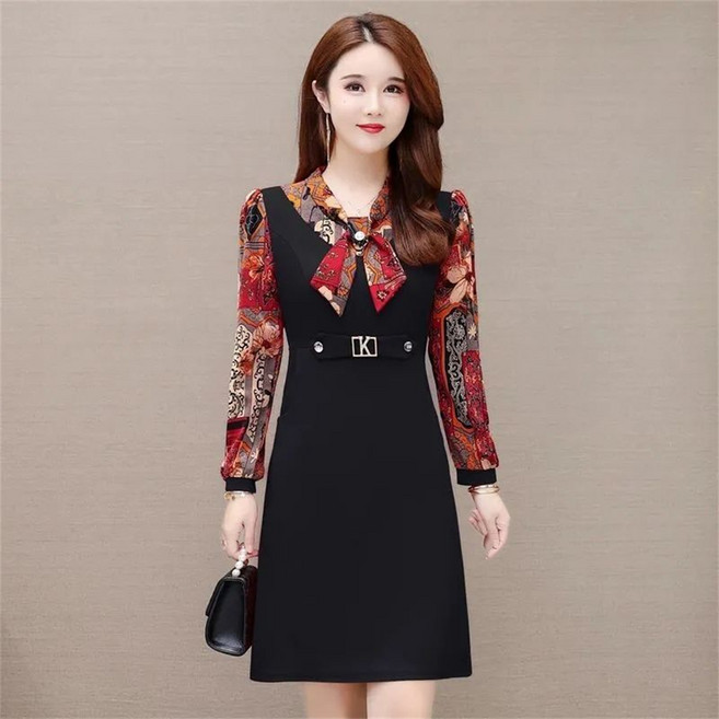 TKX 여성 봄 가을 클래식 원피스 V넥 리본 장식 허리 벨트 장식 중년여성 옷