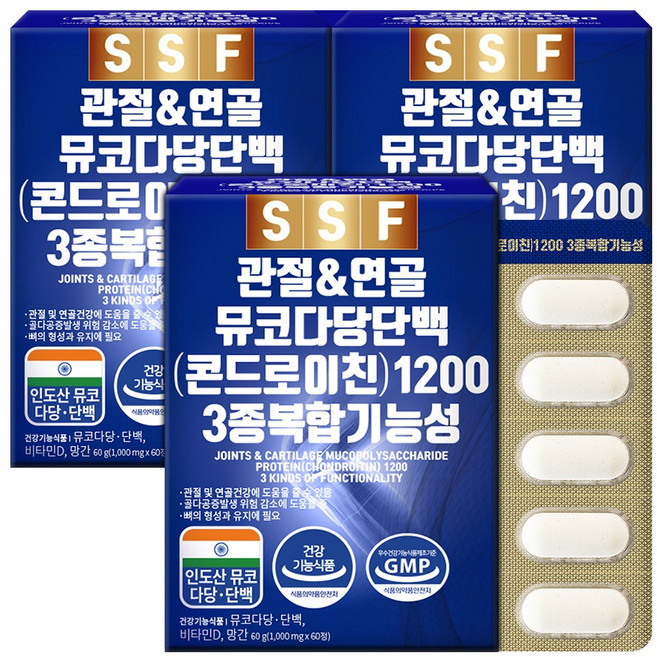 순수식품 콘드로이친 1200 관절엔 소연골 뮤코다당단백 1000mg, 60정, 3개