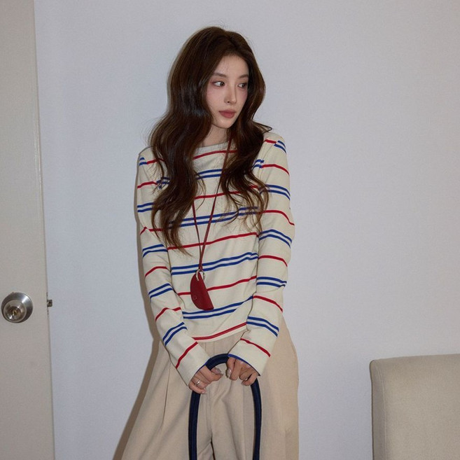 COSYEVNO 여성 스트라이프 라운드넥 긴팔 니트 티셔츠 봄 가을 TZKtwtx-9