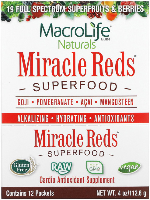 Macrolife Naturals Miracle Reds® 슈퍼 푸드 구기자 석류 아사이 망고스틴 12팩 각 9.5g(0.3oz) Naturals (매크로라이프, 9.5g