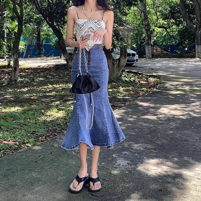 黑色牛仔魚尾裙女 高腰顯瘦開叉中長款修身包臀裙