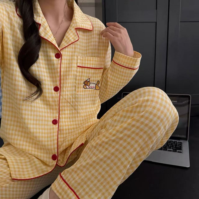 Fahomiss 여성 러블리 파자마 봄 가을 홈웨어 심플 잠옷 세트