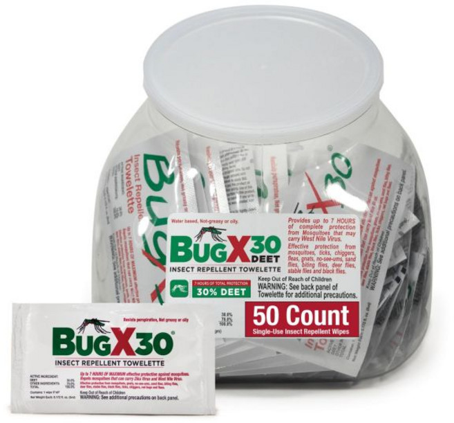 코어텍스 버그 X FR DEET 프리 방충 물티슈 - 50개의 일회용 천연 제라늄 오일 벌레 물티슈로 구성된 어항 팩 파리 벼룩 진드기로부터 보호 여행용 모기 퇴치제, 50 Count (Pack of 1), Bug X 30, 1개