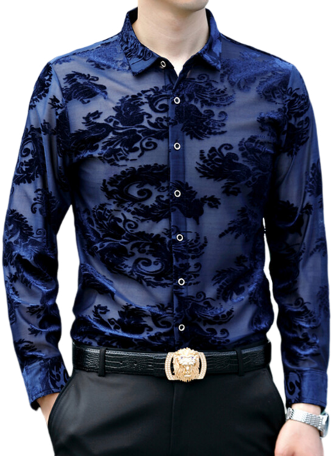 남자 댄스복 벨벳 긴팔 셔츠 용무늬 자카르 캐주얼 셔츠