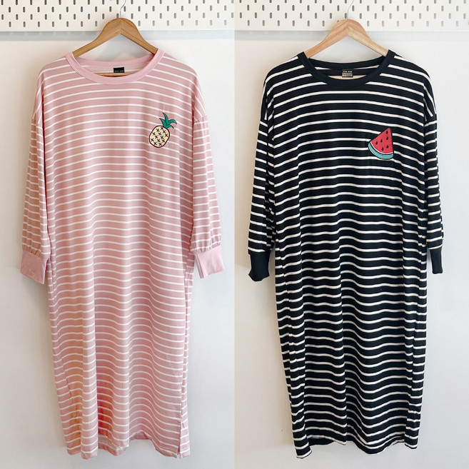 엘라운지 1+1 스트라이프 빅사이즈 홈웨어 긴팔 원피스