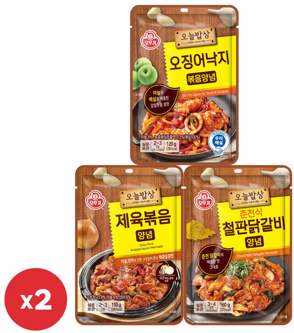 오뚜기 오늘 밥상 양념 3종 각 2개 오징어낙지볶음+제육볶음+춘천식철판닭갈비, 860g, 1세트