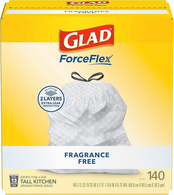 Glad 글래드 ForceFlex 톨 키친 드로스트링 쓰레기 봉투 49.2L 13갤런 무향 140개입 패키지는 다를 수 있음 268729
