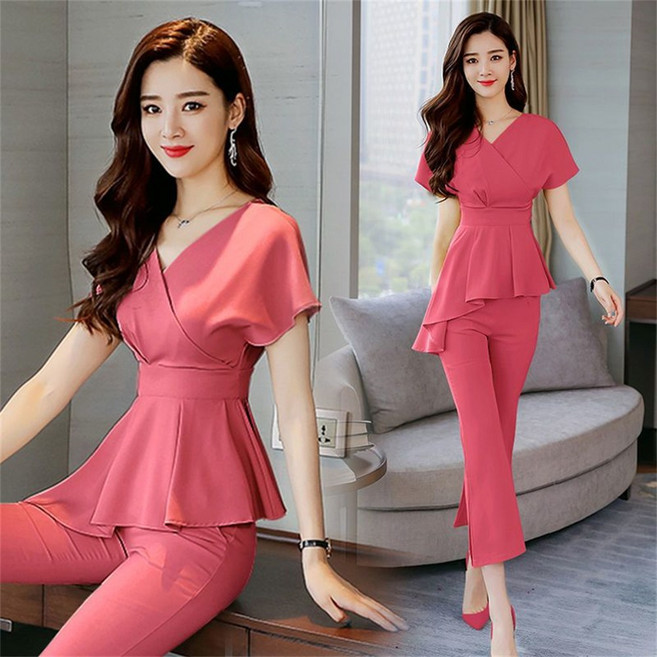 TKX 여성 여름 브이넥 반팔 슬림핏 정장 세트 오피스룩 하이웨스트 팬츠 캐주얼 투피스 우아한 허리라인 연출 세련된 출근 데일리 스타일