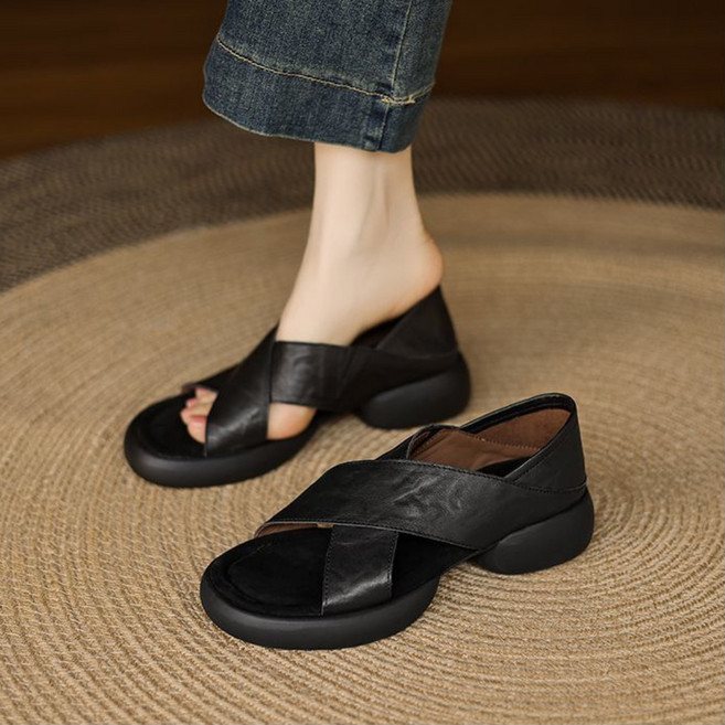 여성 빈티지 통굽 소가죽 샌들 여름 발편한 쿠션 스트랩 쪼리