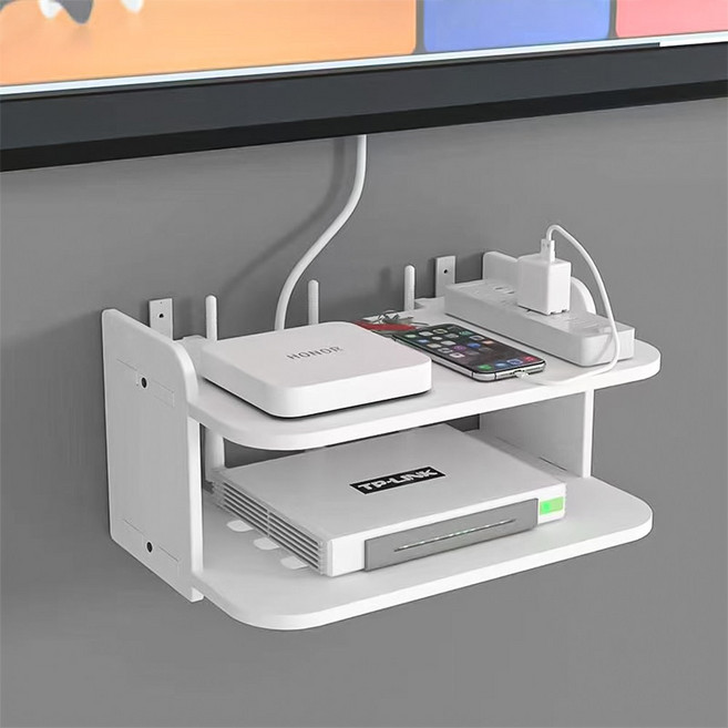 무타공 셋톱박스 2단 와이파이 벽걸이형 선반 공유기 보관함, 흰색