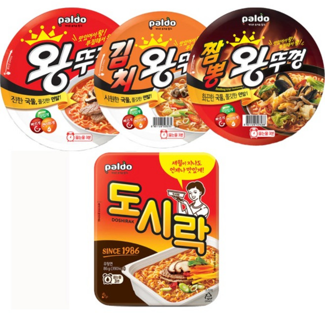 팔도 컵라면 4종 혼합 왕뚜껑 3개+ 김치왕뚜껑 3개+ 짬뽕 3개+ 도시락 6개