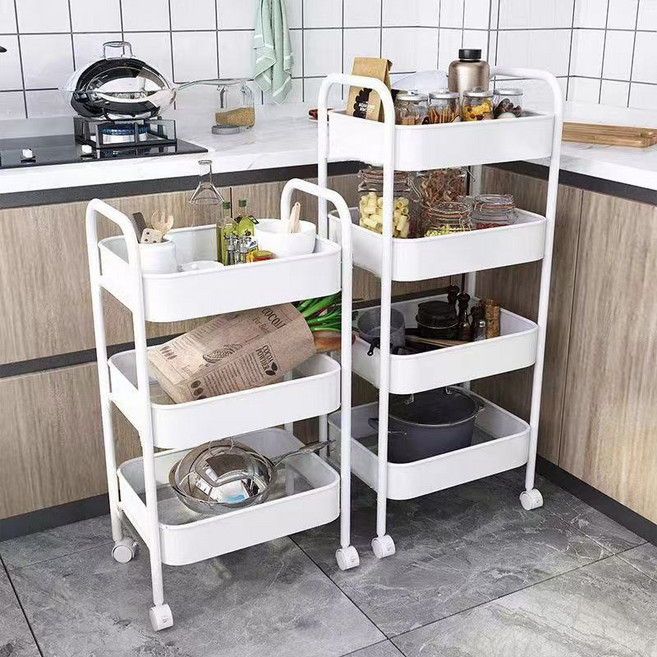 이동식 트롤리 3단 튼튼한 철제 이동식 수납장 주방카트, 흰색