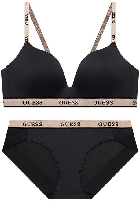 게스언더웨어 로즈골드 밴딩 와이어프리 블랙 브라 팬티 세트