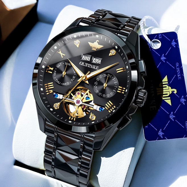 OUPINKE 남성 시계 정품 자동 기계식 오토매틱 럭셔리 명품 워터프루프 야광 일력 요일 메탈 다기능