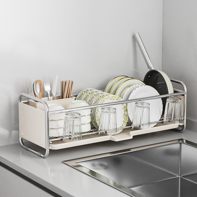 라이프리듬 자동 물빠짐 식기 건조대 미니 설거지 컵 그릇 거치대 정리대, 1세트, 크림화이트, 1단