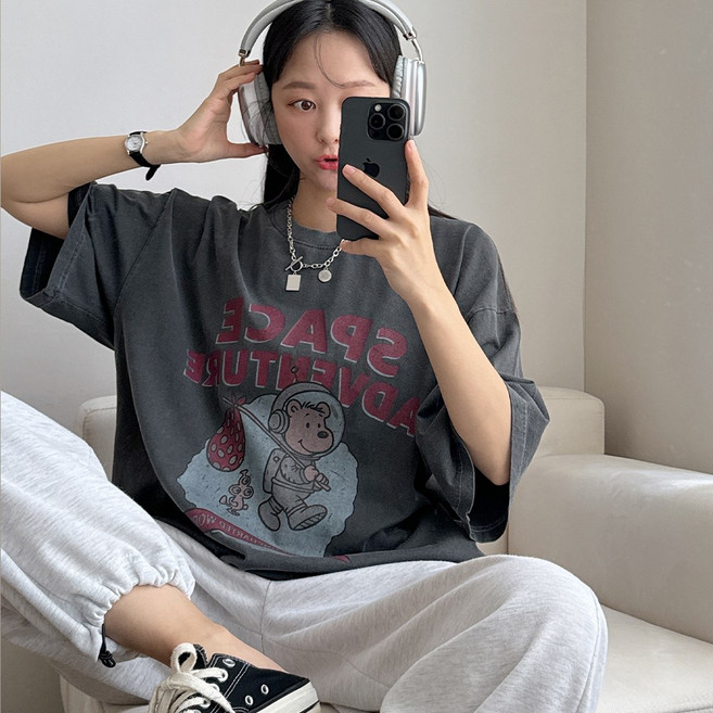 러브앤시티 남녀공용 피그먼트 스페이스 반팔티셔츠 프리미엄 원단 빅사이즈 커플티 오버핏 박스티