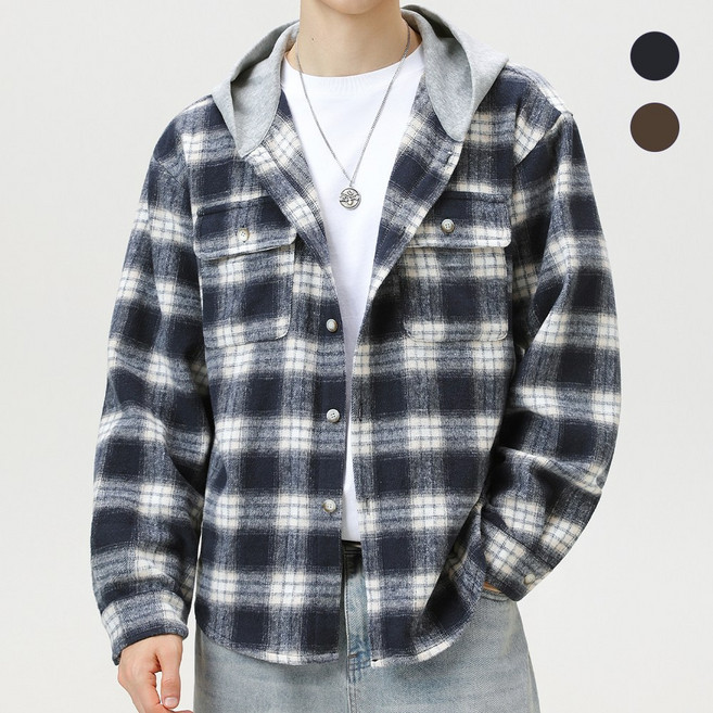 HANYO 남성 캐주얼 오버핏 클래식 포켓 체크 후드남방 긴팔 셔츠