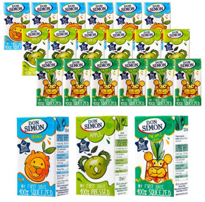 돈시몬 착즙주스 오렌지 +사과 +파인애플백포도 (총) 어린이음료수생과일, 125ml, 21개