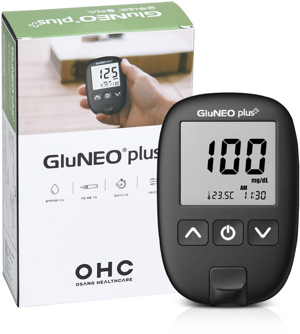 OHC 글루네오 플러스 혈당기계 혈당계 당뇨 측정 검사 디지털 가정용 의료 전자 채혈, 1개, 1개