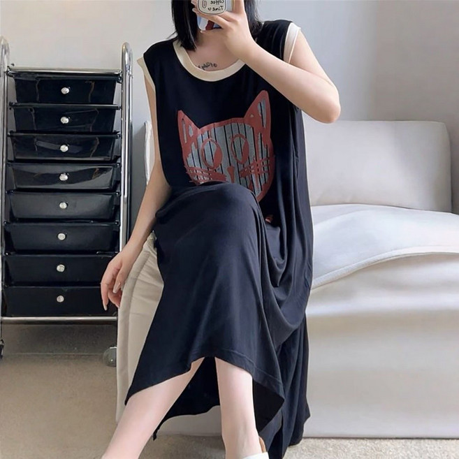 ROYALBELLE 여성 빅사이즈 고양이 프린트 민소매 루즈핏 홈웨어 데일리 잠옷 원피스 U02020110