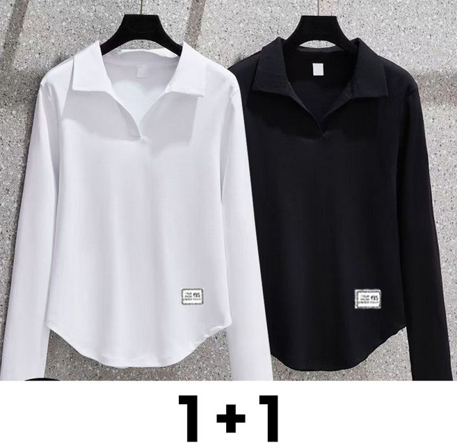 Neirny 1+1 중장년여성 폴로넥 긴팔 티셔츠 봄가을 간절기 스판 순면 엄마룩 데일리 기질 패션 루즈핏 슬림핏 카라넥 상의 2매입