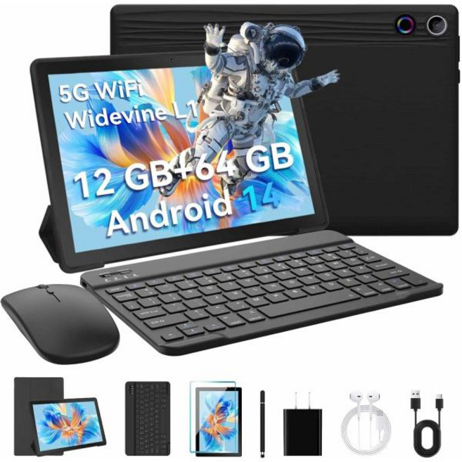 URAO A10L 안드로이드 14 태블릿 10.1인치 12GB 램 64GB 저장용량 옥타코어 5G 와이파이 키보드 마우스 터치펜 헤드셋 케이스 태블릿 키트 포함, EU, 1)Black, 1개