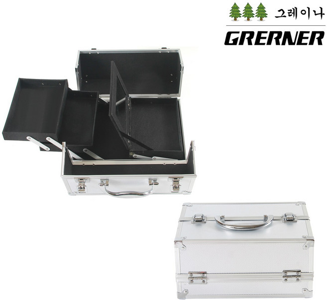 그레이나 전문가용 메이크업 캐리어 2단 화장품 박스 대용량 수납 케이스, 1개, 실버