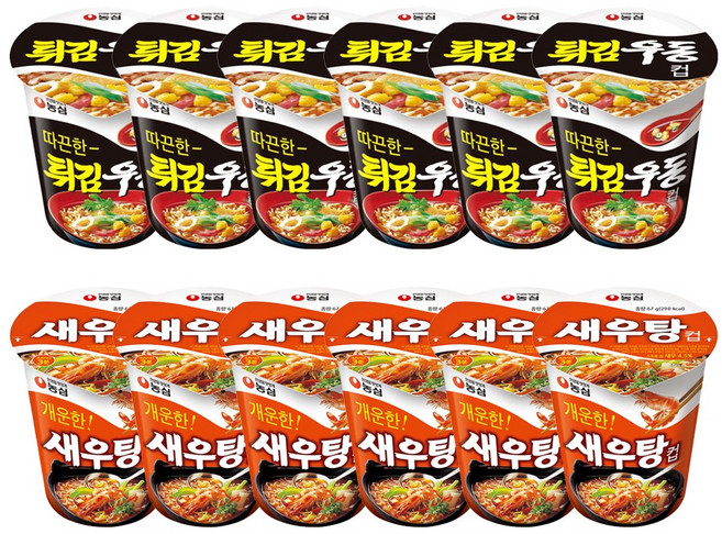 농심 튀김우동 컵라면 62g + 새우탕 컵라면 67g, 12개
