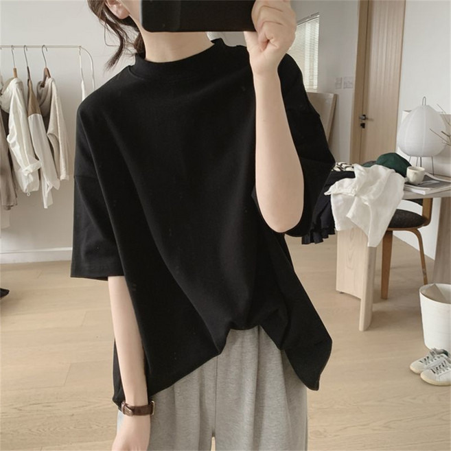 Vezri 빅사이즈 하이넥 티셔츠 여성용 솔리드 오버핏 반팔 썸머 캐주얼 Aaa