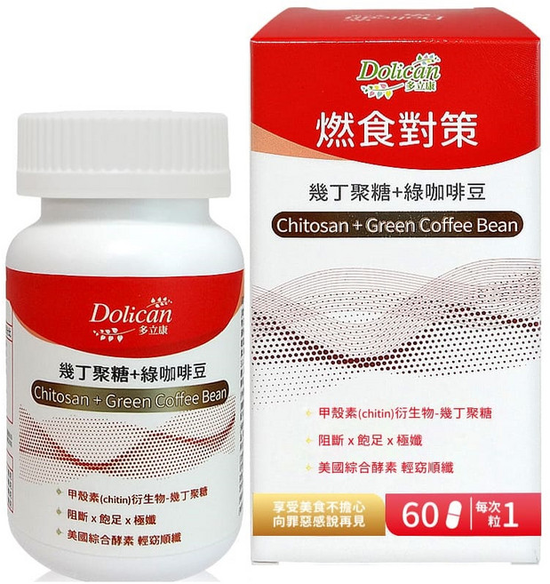 Dolican 多立康 燃食對策 幾丁聚醣+綠咖啡豆錠, 60顆, 822mg, 1瓶