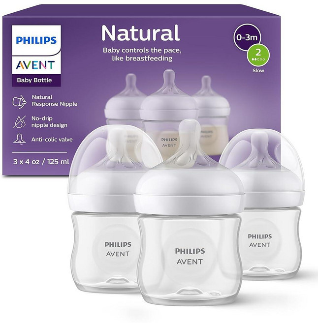 Avent - 3팩 천연 아기 젖병 자연스러운 반응 젖꼭지 투명 118.3ml(4온스), Avent - 3팩 천연 아기 젖병, 자연스러운 반응