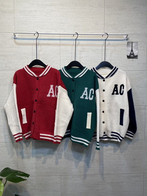 (무배)﻿ 폭닥 오버핏 영문 배색 니트 야구 점퍼 자켓