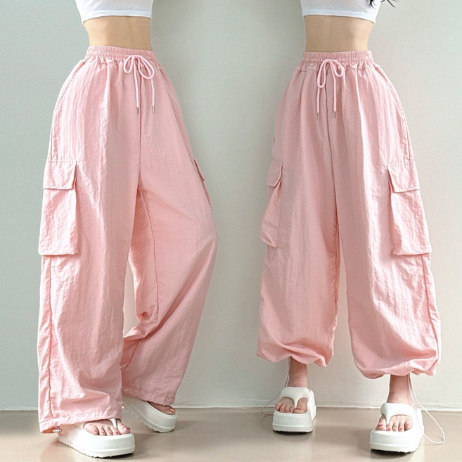 제이앤썸 하비팬츠 바스락 조거 카고 와이드 팬츠 여름 롱팬츠 투웨이 포켓 팬츠 스트링 밴딩 나일론 얇은 바지 흠뻑쇼 워터밤 장마룩