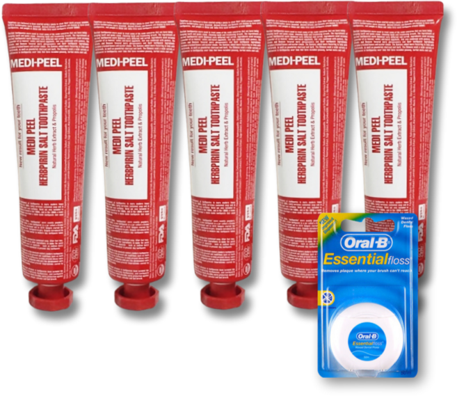 메디필 허브피린 솔트 빨강 치약 130g 5개 + 오랄비 왁스 치실 1개 온가족 치아 건강