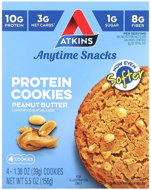 Atkins 언제나 먹을 수 있는 스낵 단백질 쿠키 땅콩 버터 쿠키 4개입 각 39g(1.38oz) Atkins (앳킨스), 4개, 39g - 쿠팡