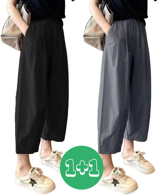 MAKABORO 1+1 여성 캐주얼 8부 배기핏 팬츠 오버핏 체형커버 와이드 팬츠 데일리룩