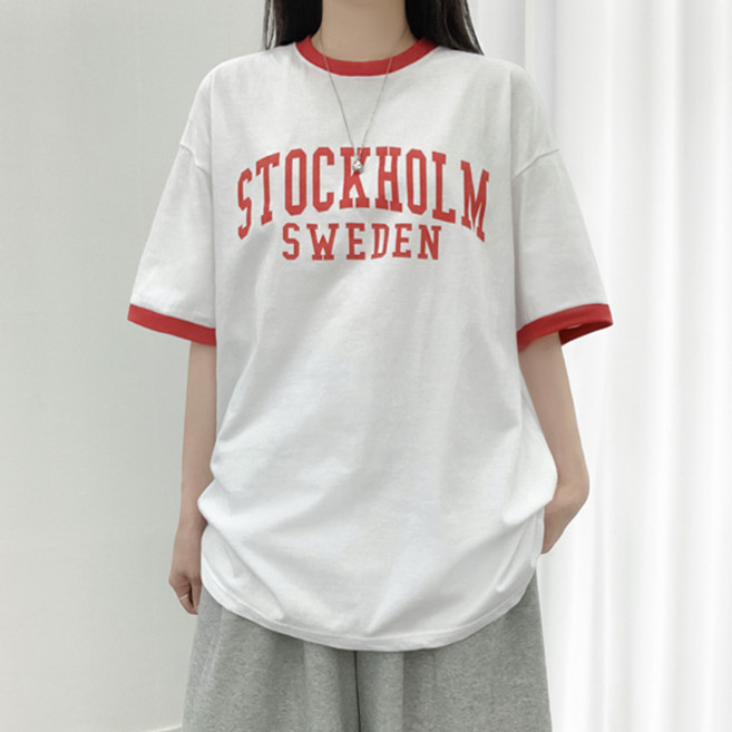 티데일리 남녀공용 스웨덴 오버핏 배색 링거 반팔 티셔츠