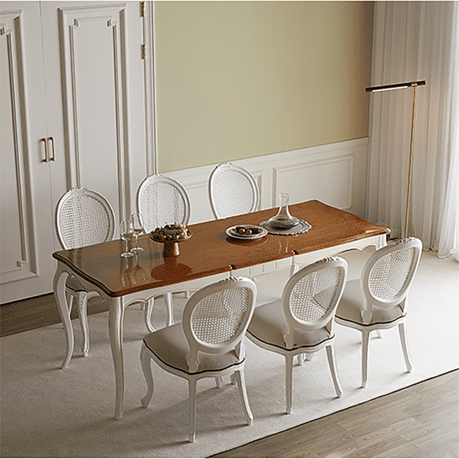 피어젠가구 로사 프렌치 6인용 엔틱 식탁 세트 화이트 아이린 의자 라탄 화이트