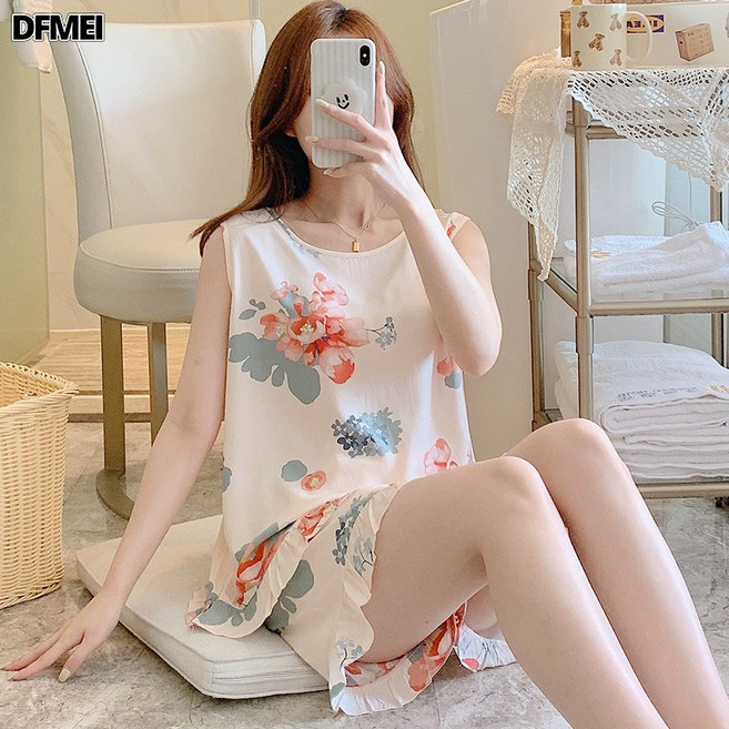 DFMEI 夏季無袖背心棉綢睡衣短袖兩件套裝女士夏天大碼薄款人造棉家居服