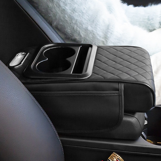 하우쏠 차량용 팔걸이쿠션 콘솔박스 티슈 컵홀더 수납함, 블랙, 1개