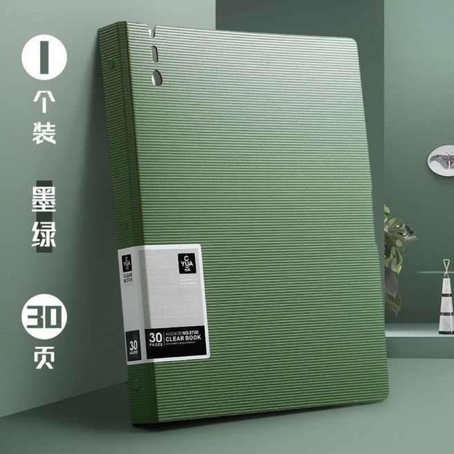 A4資料本97030文件夾/收納冊，透明內頁，防水耐用，文件整理收納冊, 墨綠, 1個