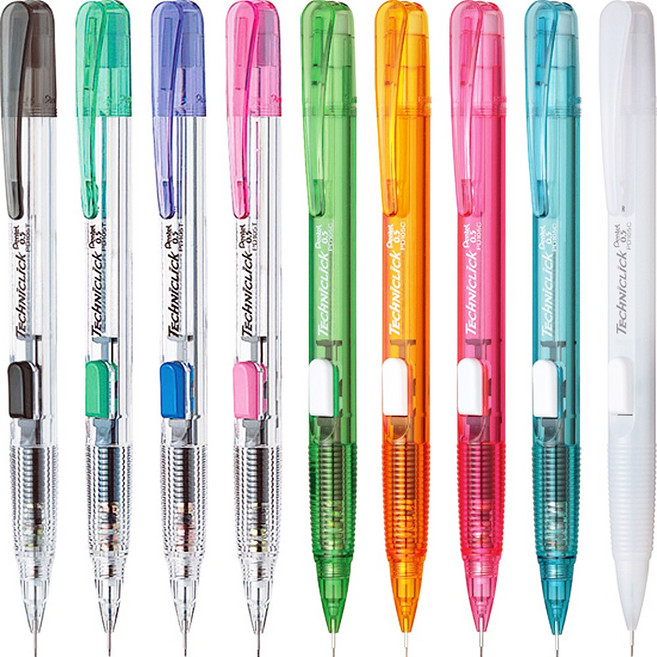 펜텔 테크닉클릭 샤프 0.5mm PD105 낱개 사이드 노크 가벼운 무게감 투명한 바디 미끄럼방지 그립, 클리어 블랙 PD105T-A