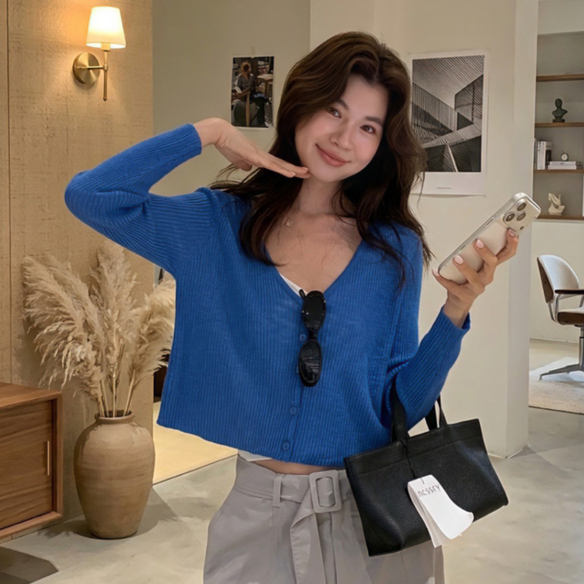 유니크코코 크롭 니트 가디건 여성 봄 간절기 kn5851