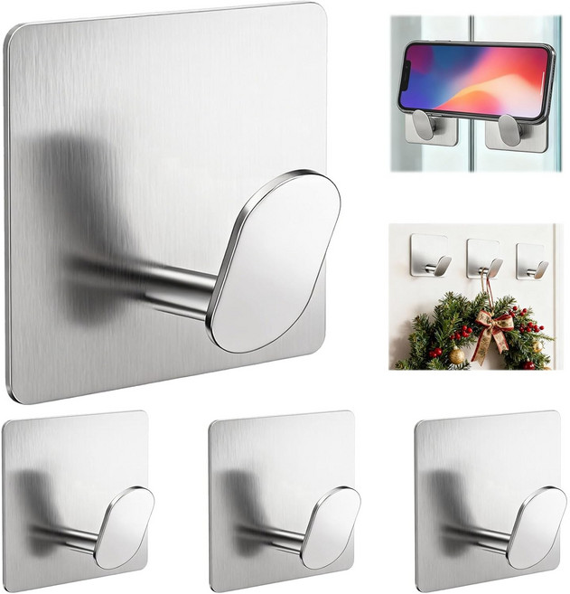 무타공 SUS304 스테인리스 접착식 후크 욕실 주방 수건 행주 벽걸이 걸이, 4개, 실버